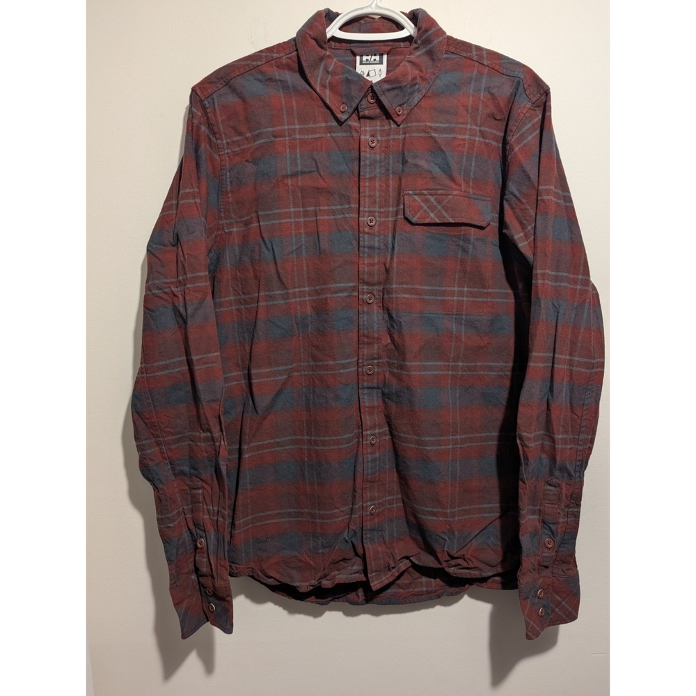 Helly Hansen Mens Large Red Gray Plaid Flannel Button Up Long Sleeve Shirt Work